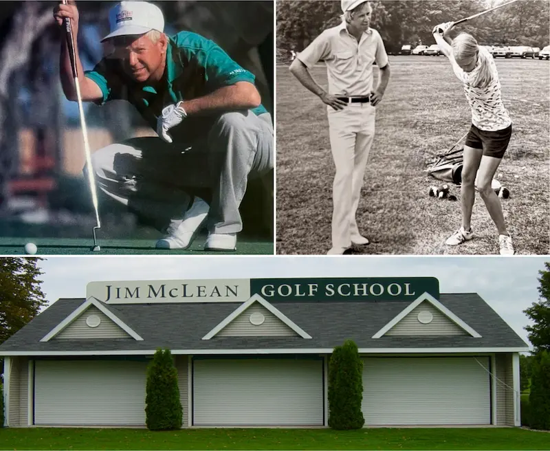 Composite image showing a golf instructor reading a putt, a historic coaching moment during a practice session, and the exterior of the Jim McLean Golf School building