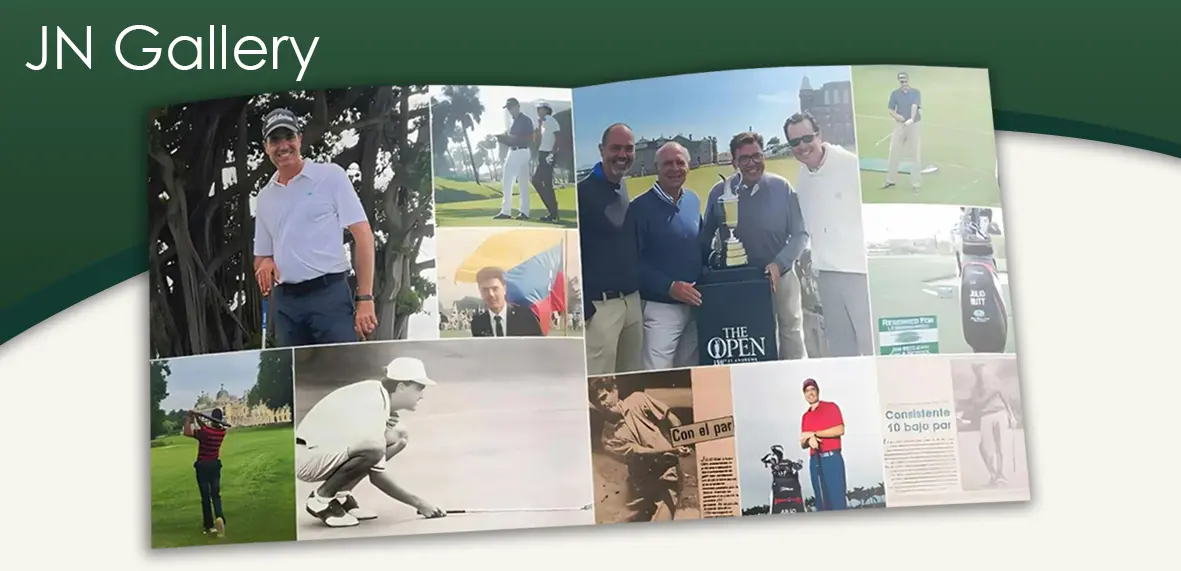 Gallery collage showing golf moments, tournament appearances, historic photos, awards, and personal highlights from different stages of a professional golf career