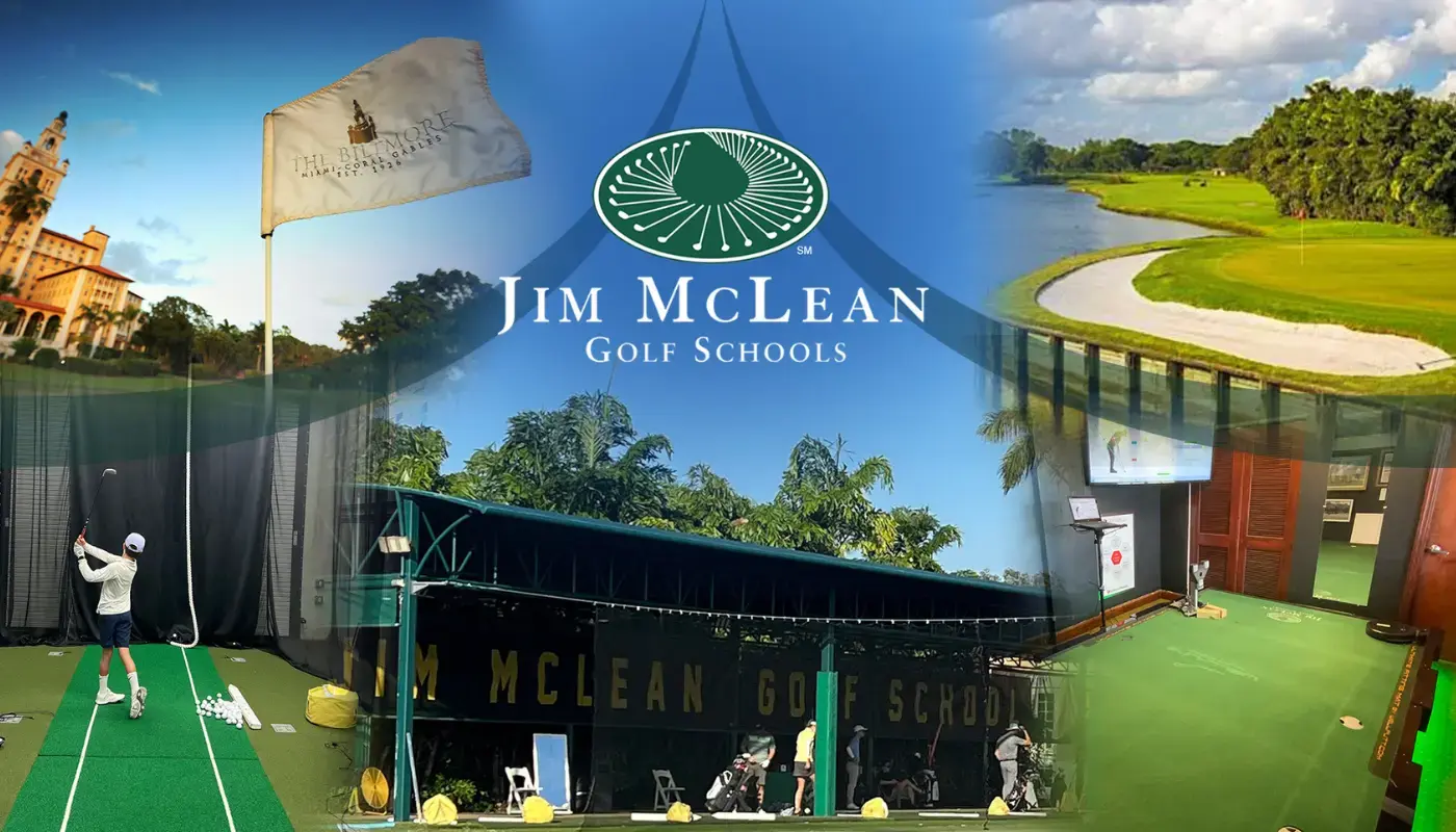 Overview of Jim McLean Golf Schools showing indoor studios, outdoor practice areas, and professional golf training environments