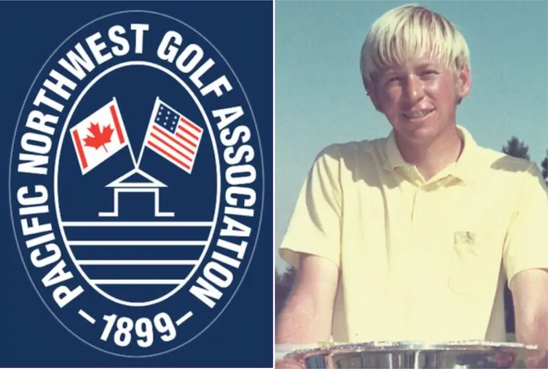 Pacific Northwest Golf Association emblem displayed alongside a vintage photograph of a young golfer holding a trophy