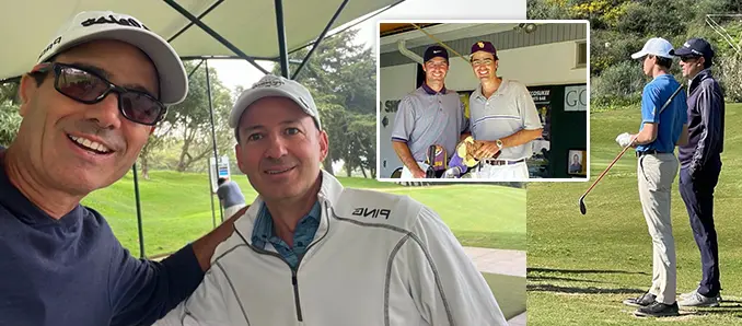 Golf coach working with players during an advanced golf instruction session, combining on-course guidance with professional-level experience.