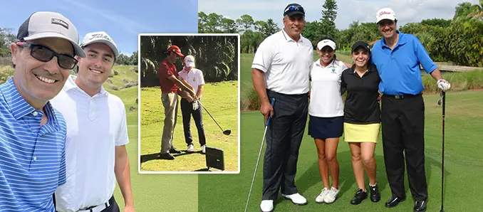 Golf coach standing with a group of students during a group golf lesson on a championship course, highlighting teamwork, learning, and coaching success.