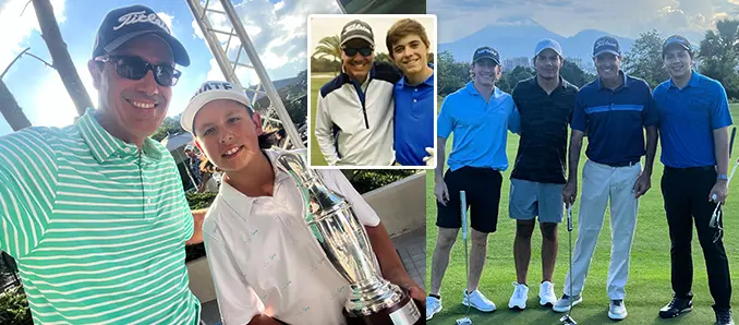 Golf coach posing with junior golfers and a tournament trophy, showcasing junior golf achievement, mentorship, and competitive success.