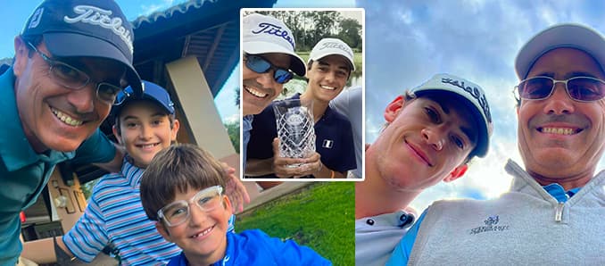 Professional golf instructor posing with junior golf students after a training session, showcasing youth golf coaching, skill development, and on-course learning