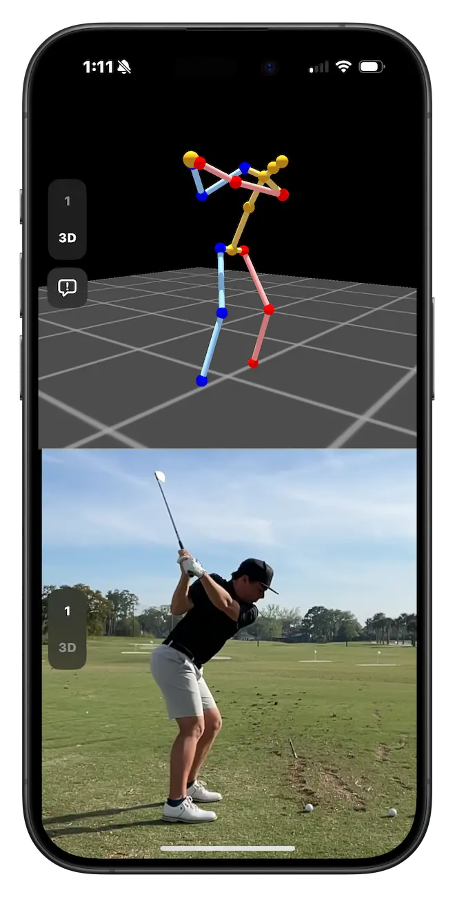 Mobile screen showing a real swing video paired with a digital motion model for accurate swing comparison